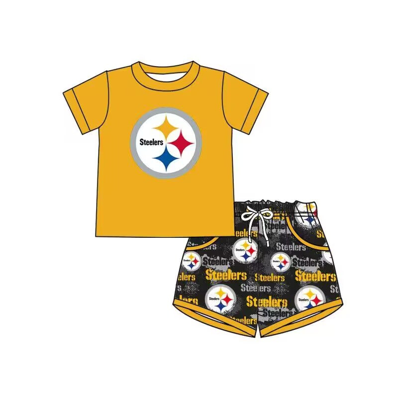 (Custom Design Preorder MOQ 5)  Team's Steelers Yellow Print Boys Summer Clothes Set