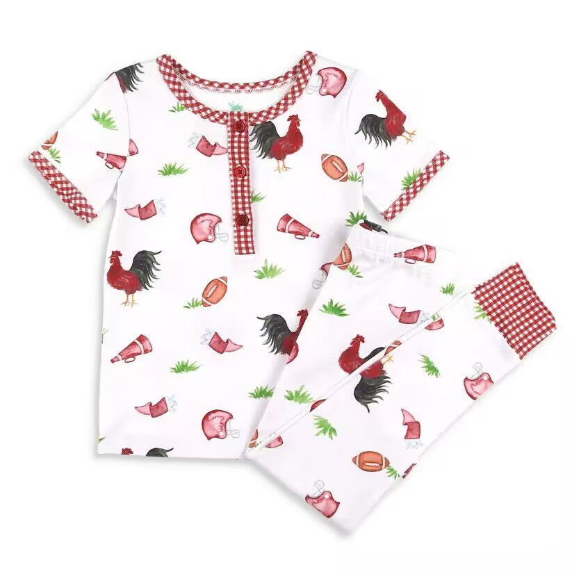 (Custom Design Preorder MOQ 5) Chicken Football Red Plaid Print Kids Pajamas Clothes Set