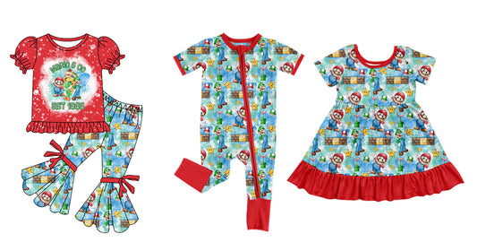 11.30(Custom Design Preorder MOQ 5 Each Design) Cartoon Games Mari* Red Print Girls Matching Clothes Sisters Wear