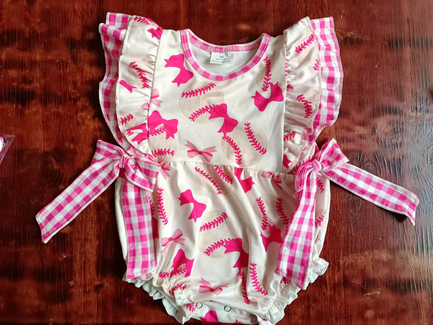 (Custom Design Preorder MOQ 3 )  Baseball Bows Print Baby Girls Summer Romper