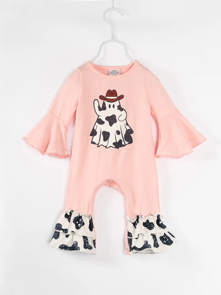 (Custom Design Preorder MOQ 5) Cowboy Ghost Pink Print Baby Girls Halloween Romper