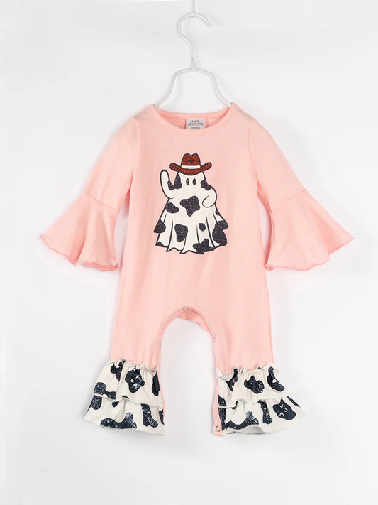 (Custom Design Preorder MOQ 5) Cowboy Ghost Pink Print Baby Girls Halloween Romper