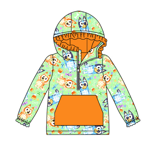 (Custom Design Preorder MOQ 5) Cartoon Dog Candy Print Girls Halloween Hoodie Zipper Tops