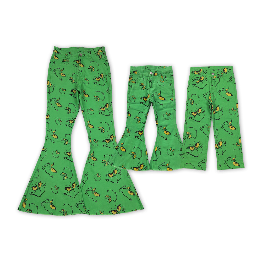 Mommy and Me Matching Jeans- Green Frog Face Denim Bottom Christmas Pants