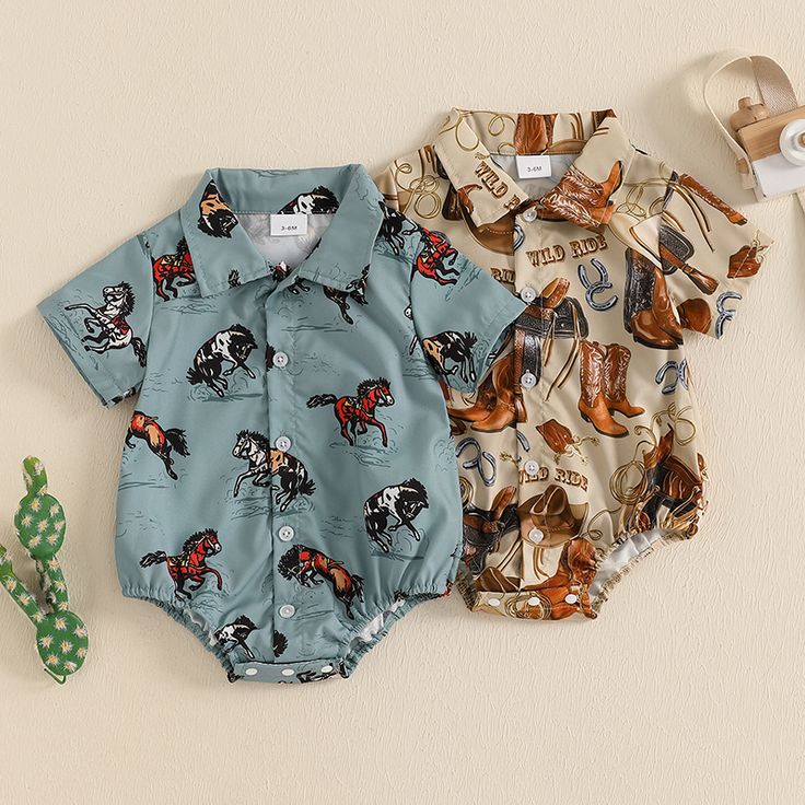 (Custom Design Preorder MOQ 5) WILD Horse Boots Print Baby Boys Summer Western Romper