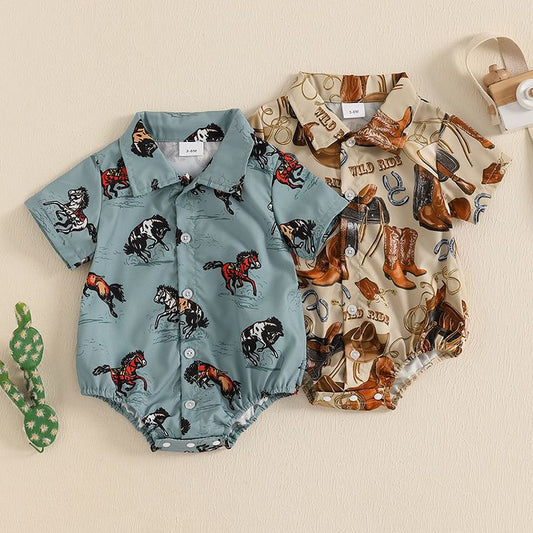 (Custom Design Preorder MOQ 5) WILD Horse Boots Print Baby Boys Summer Western Romper