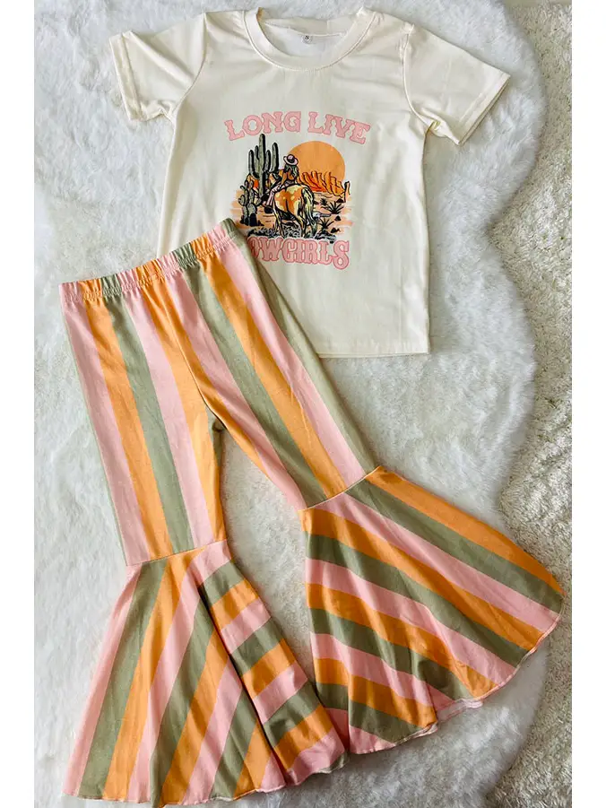 (Custom Design Preorder MOQ 5) Long Live Cowgirls Top Stripes Bell Pants Girls Clothes Set