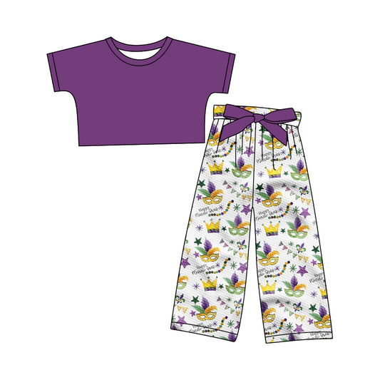 12.10(Custom Design Preorder MOQ 5) Purple Top Mask Stars Pants Girls Mardi Gras Clothes Set