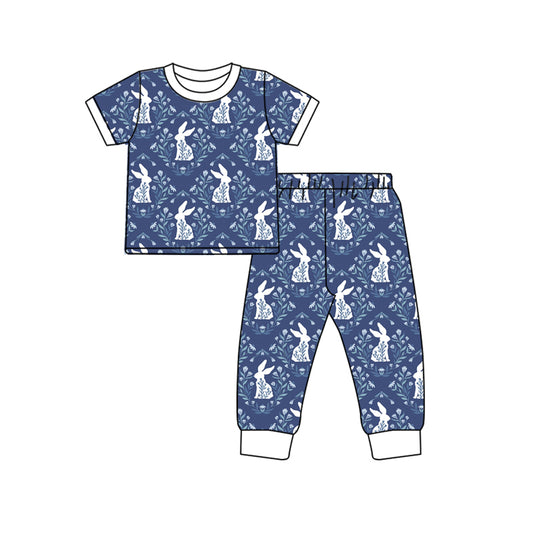 (Custom Design Preorder MOQ 5) Bunny Flowers Navy Print Girls Easter Bamboo Pajamas Clothes Set