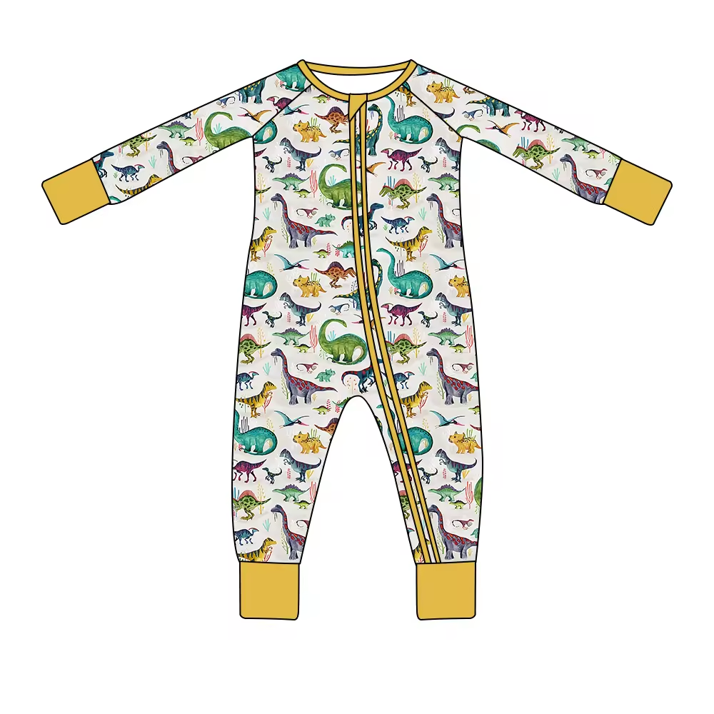 (Custom Design Preorder MOQ 5) Dino Print Baby Boys Fall Sleeper Zipper Romper