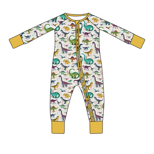 (Custom Design Preorder MOQ 5) Dino Print Baby Boys Fall Sleeper Zipper Romper