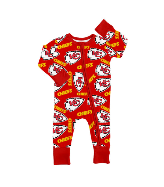 (Custom Design Preorder MOQ 5)  Team's KC Red Print Baby Girls Sleeper Zipper Romper