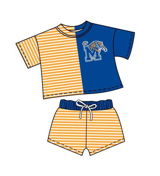 (Custom Design Preorder MOQ 5)  Team's Memphis Tigers Stripes Print Shorts Kids Summer Clothes Set