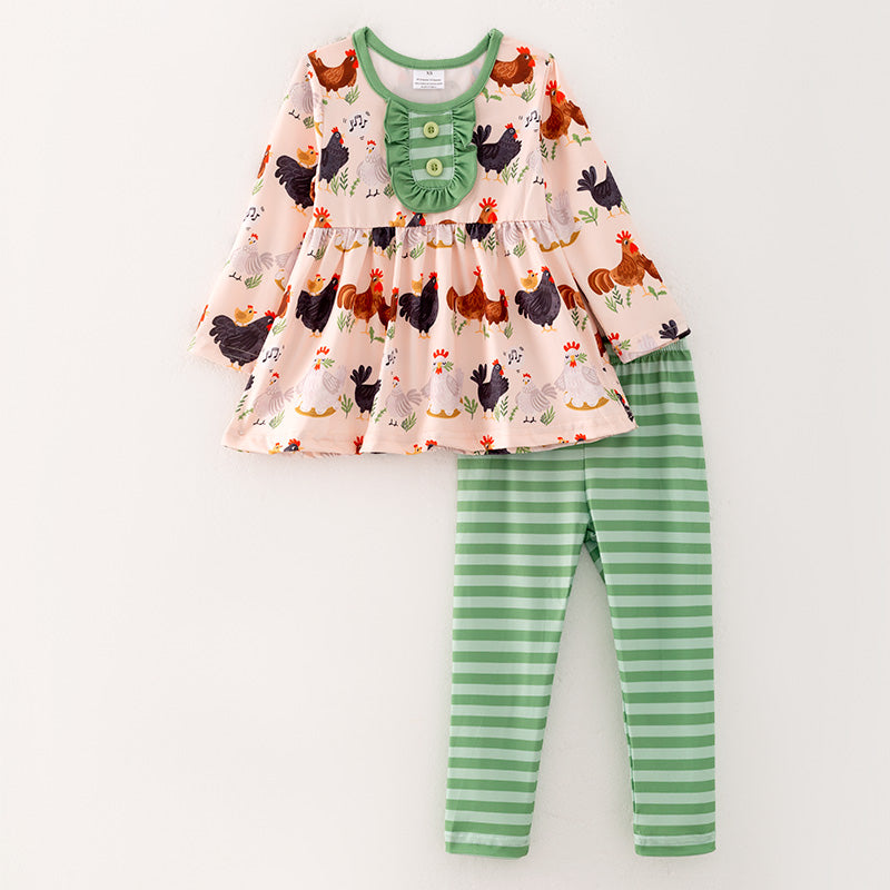 (Custom Design Preorder MOQ 5) Chicken Flowers Tunic Top Stripes Pants Girls Fall Clothes Set