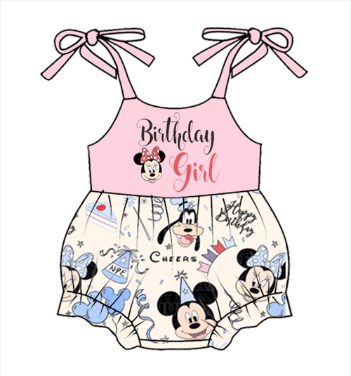 (Custom Design Preorder MOQ 5) Cartoon Mouse Print Brithday Baby Girls Summer Romper