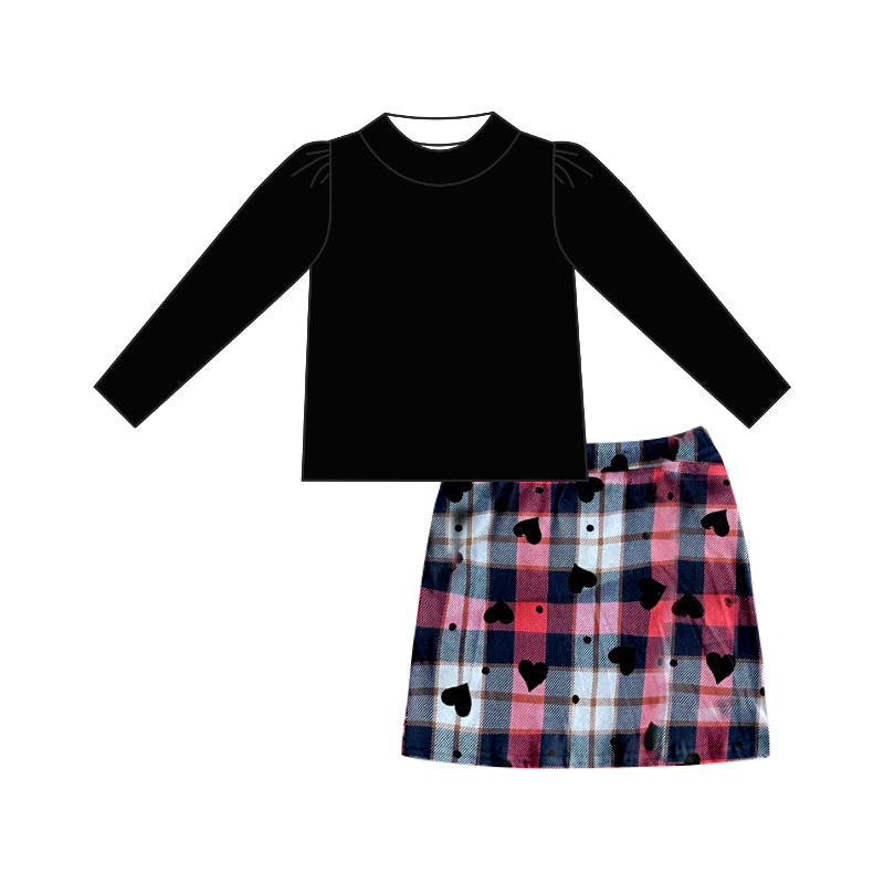 (Custom Design Preorder MOQ 5) Black Top Red Plaid Heart Print Skirts Girls Valentine's Clothes Set