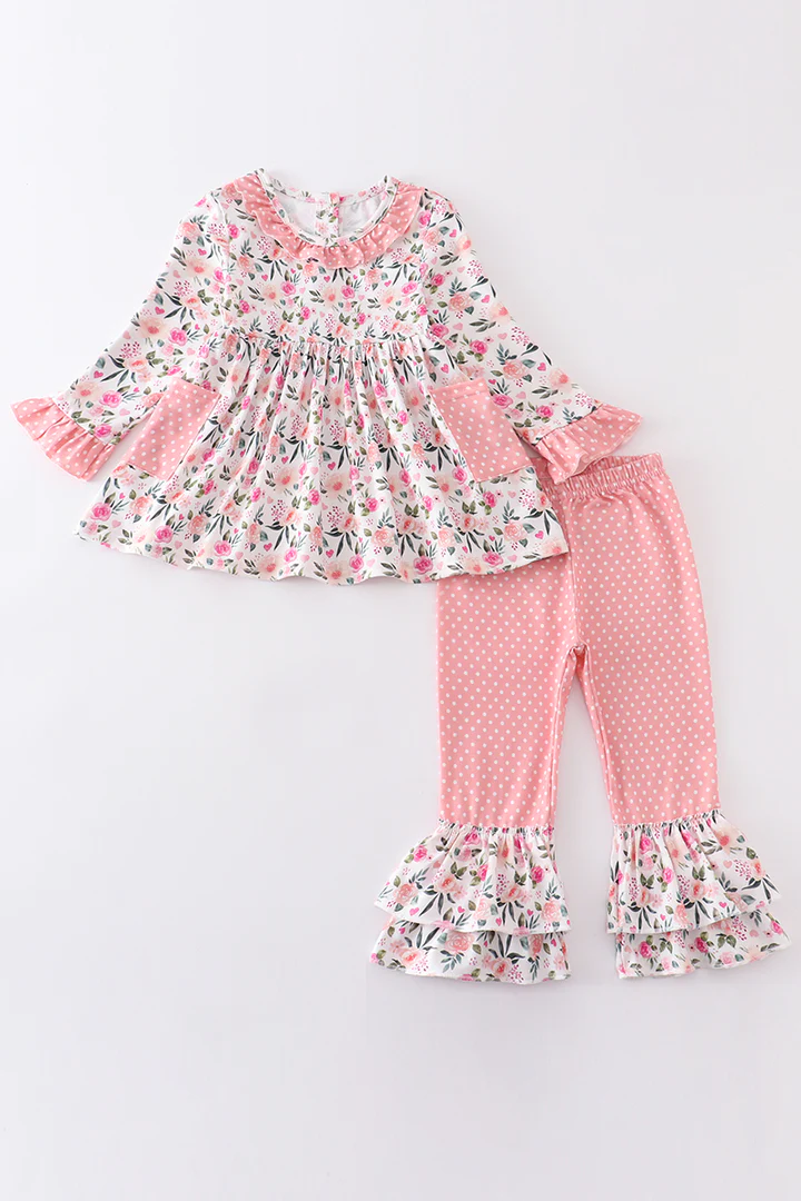 (Custom Design Preorder MOQ 5) Pink Flowers Pockets Tunic Top Ruffles Pants Girls Spring Clothes Set