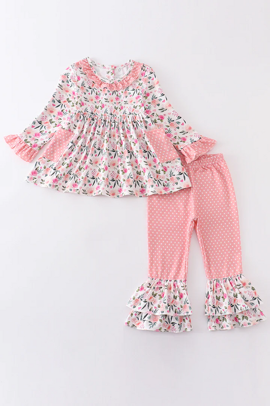 (Custom Design Preorder MOQ 5) Pink Flowers Pockets Tunic Top Ruffles Pants Girls Spring Clothes Set