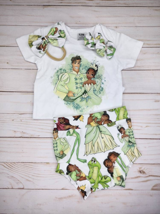 (Custom Design Preorder MOQ 5) Cartoon Princess Frog Print Baby Girls Summer Bummie Set