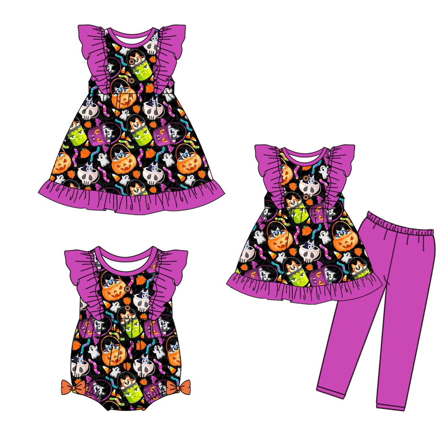 5.6(Custom Design Preorder MOQ 5 Each Design) Cartoon Dog Pumpkin Print Girls Halloween Matching Clothes Sisters Wear