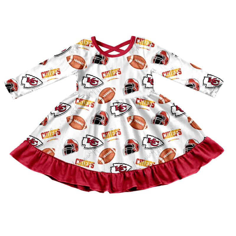 (Custom Design Preorder MOQ 5)  Team's KC White Print Girls Fall Knee Length Ruffle Dress