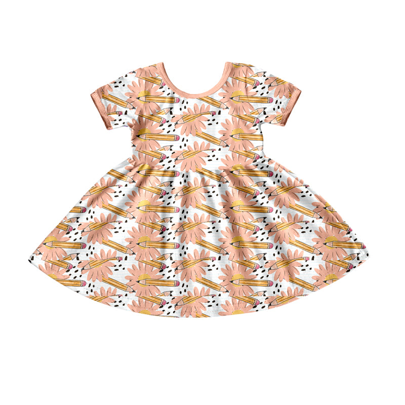 (Custom Design Preorder MOQ 5) Flowers Pen Print Girls Knee Length Back to School Dress