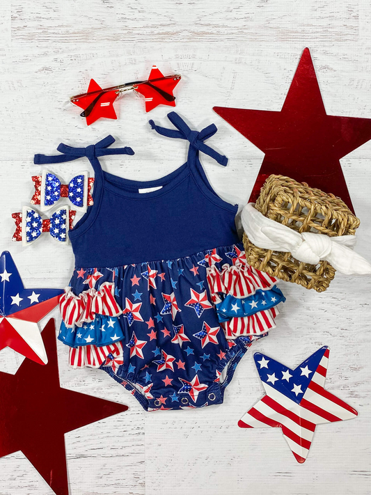 (Custom Design Preorder MOQ 5) Stars Print Baby Girls 4th of July Romper
