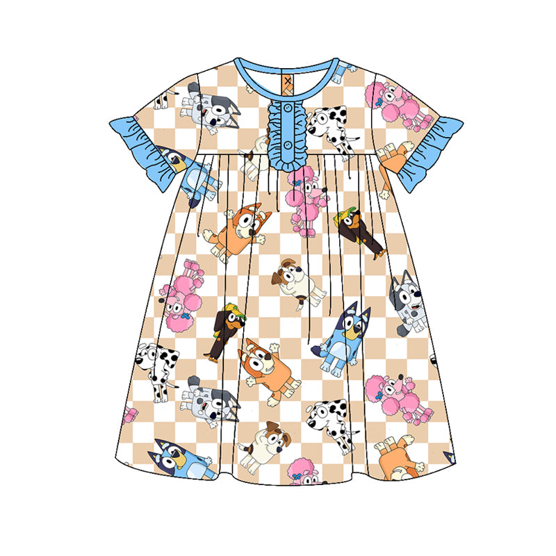 (Custom Design Preorder MOQ 5) Cartoon Dog Plaid Print Girls Knee Length Summer Dress