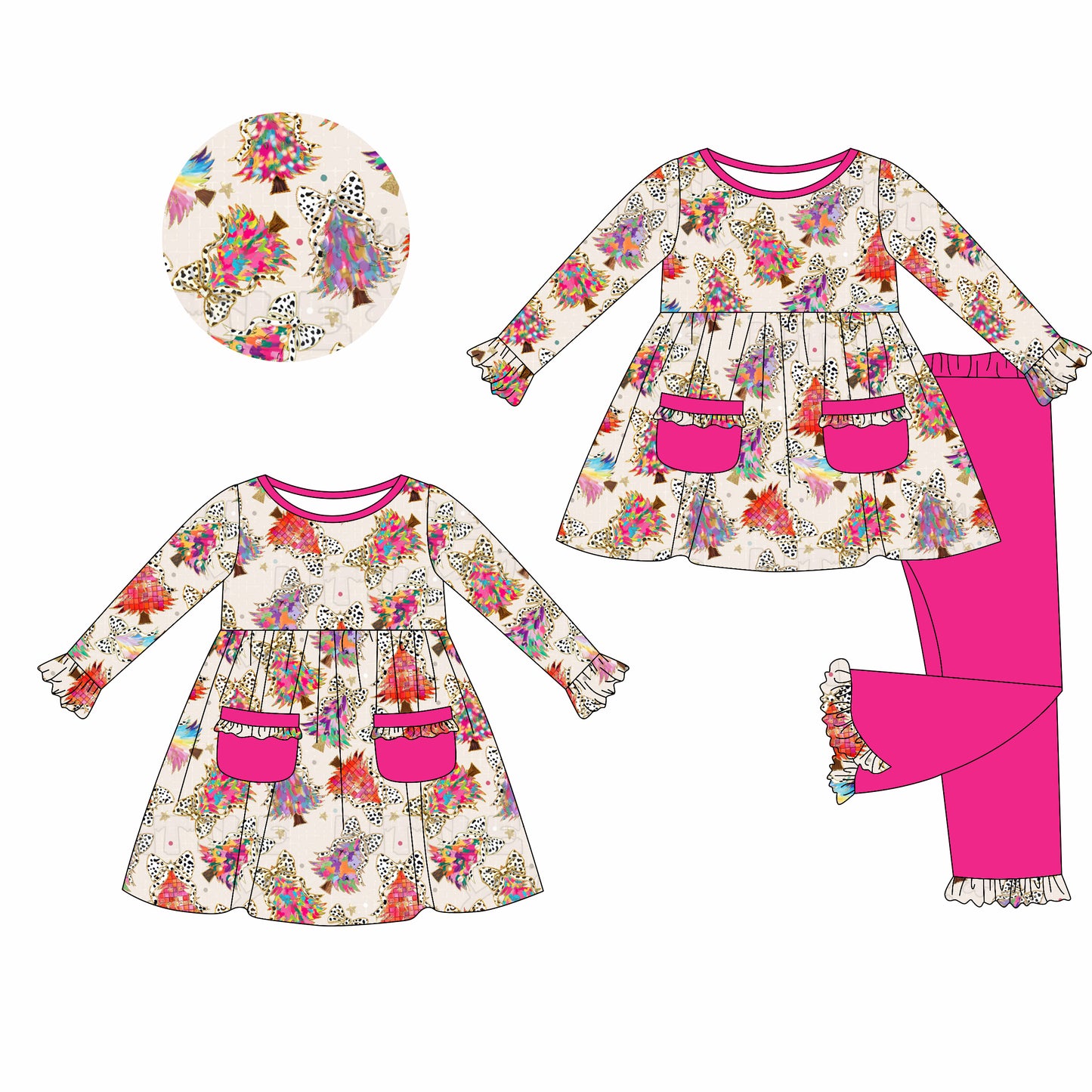 5.24(Custom Design Preorder MOQ 5 Each Design) Colorful Tree Bows Print Pockets Girls Christmas Matching Clothes Sisters Wear
