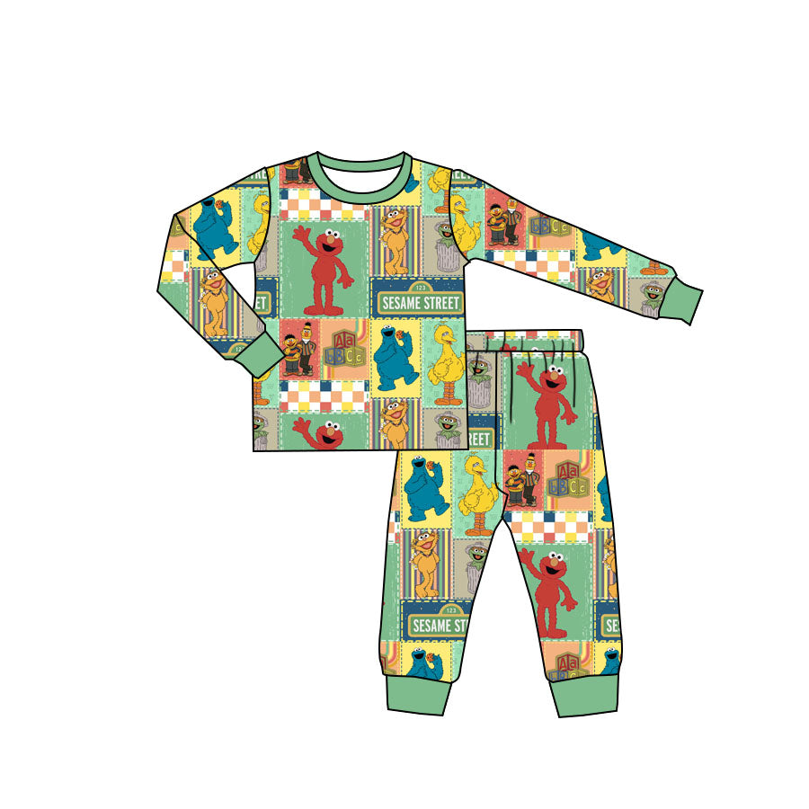 (Custom Design Preorder MOQ 5) Catoon Street Green Print Kids Fall Bamboo Pajamas Clothes Set