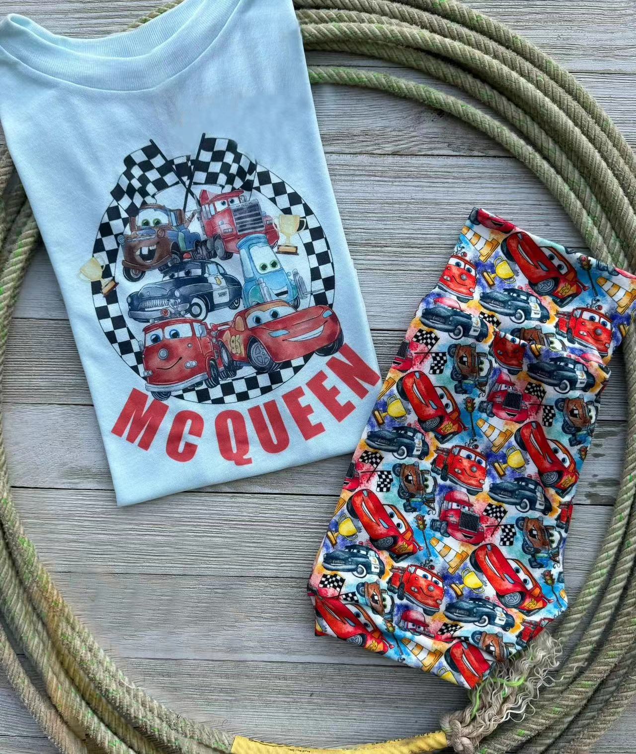 (Custom Design Preorder MOQ 5)  Cartoon Cars Print Boys Summer Clothes Set