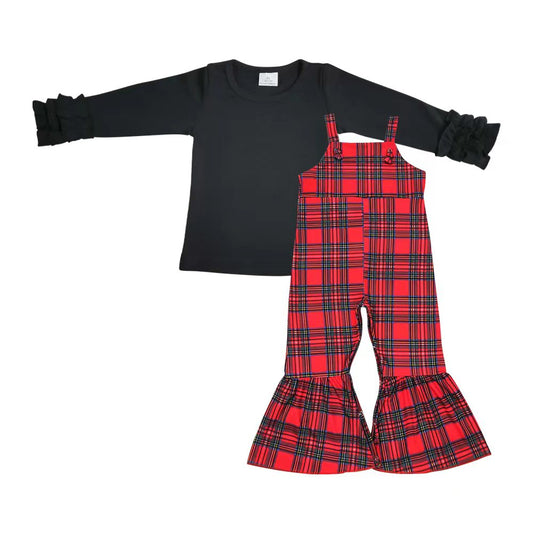 6 A16-4+SR0479 Black Long Sleeve Top Red Plaid Jumpsuits Girls Christmas 2 Pcs Clothes Sets