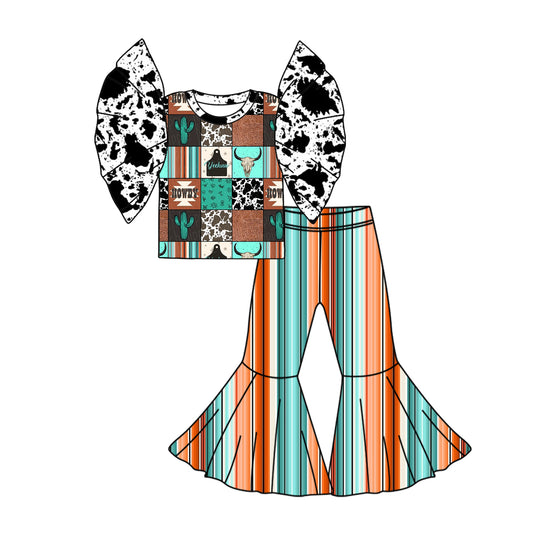 2.24(Custom Design Preorder MOQ 5) Howdy Tags Plaid Top Stripes Bell Pants Girls Western Clothes Set