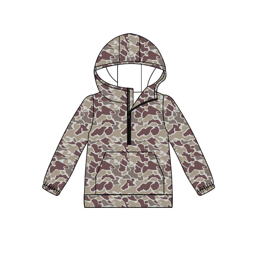(Custom Design Preorder MOQ 5) Brown Camo Print Kids Long Sleeve Hoodie Zipper Tops