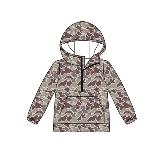 (Custom Design Preorder MOQ 5) Brown Camo Print Kids Long Sleeve Hoodie Zipper Tops