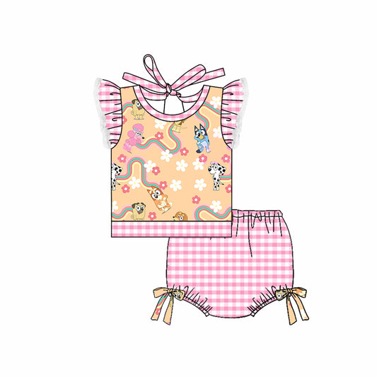 (Custom Design Preorder MOQ 5) Cartoon Dog Flowers Print Girls 2 Pieces Swimsuits