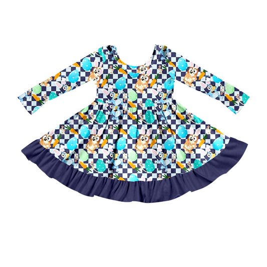 (Custom Design Preorder MOQ 5) Cartoon Dog Eggs Print Girls Easter Knee Length Dress