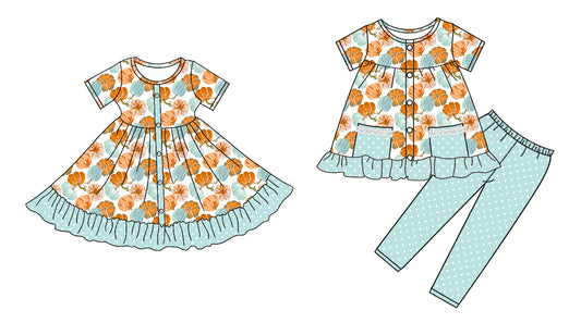 5.1(Custom Design Preorder MOQ 5 Each Design) Pumpkin Blue Dots Print Girls Fall Matching Clothes Sisters Wear