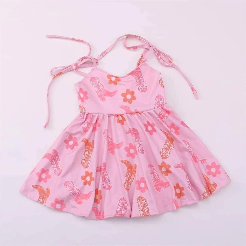 (Custom Design Preorder MOQ 5)  Boots Flowers Pink Print Girls Knee Length Western Summer Strap Dress