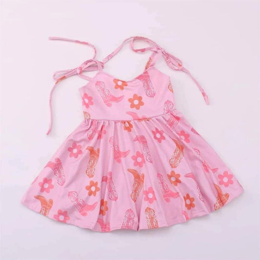 (Custom Design Preorder MOQ 5)  Boots Flowers Pink Print Girls Knee Length Western Summer Strap Dress