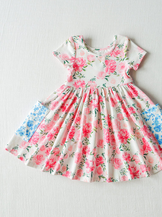 (Custom Design Preorder MOQ 5) NO.12 Pink Flowers Print Pockets Girls Knee Length Summer Dress