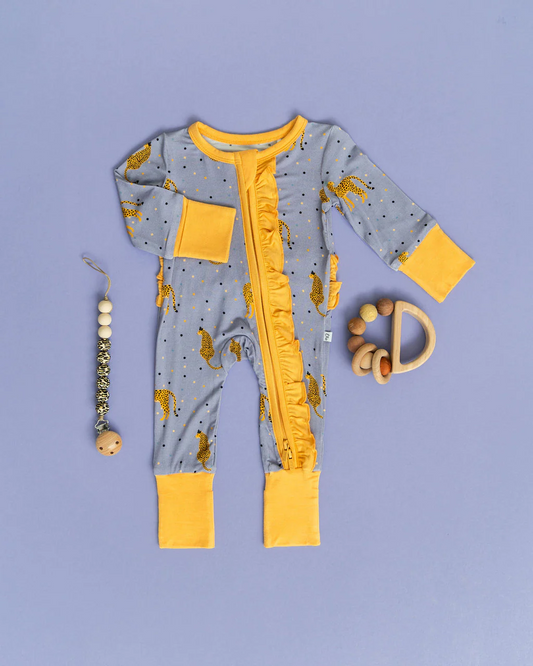 (Custom Design Preorder MOQ 20)  Leopard Print Baby Girls Fall Bamboo Sleeper Zipper Romper
