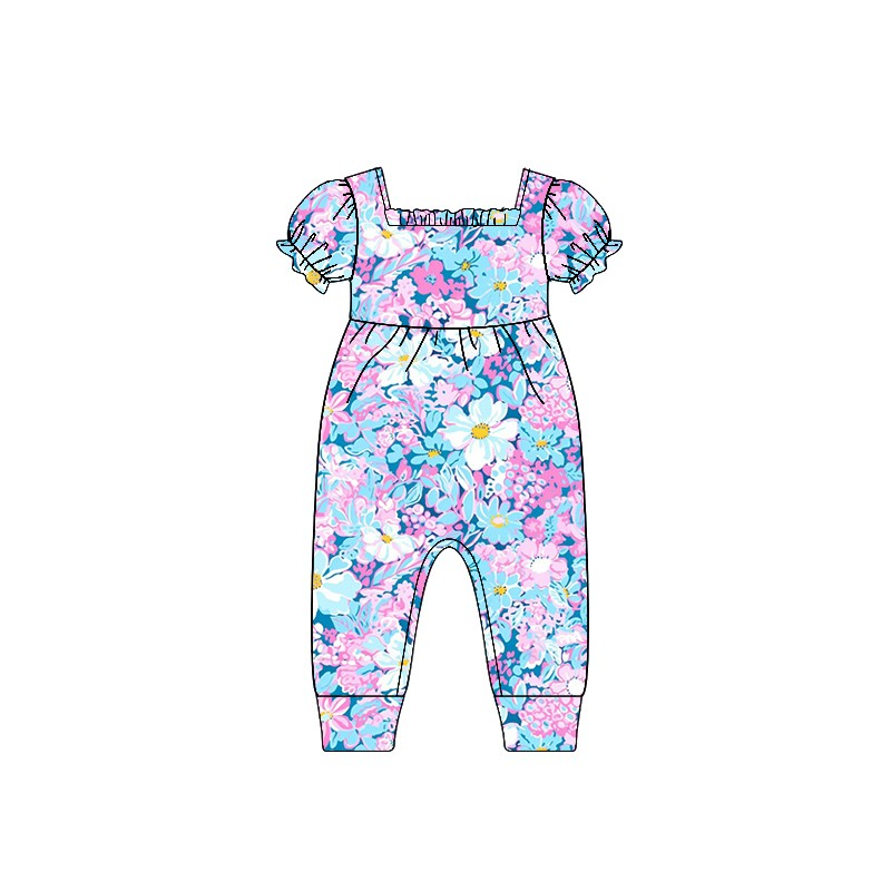 3.10(Custom Design Preorder MOQ 5) Pink Blue Flowers Print Girls Summer Jumpsuits