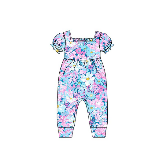 3.10(Custom Design Preorder MOQ 5) Pink Blue Flowers Print Girls Summer Jumpsuits