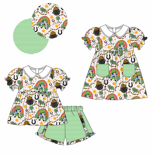 11.7(Custom Design Preorder MOQ 5 Each Design) Cartoon Dog Leef Rainbow Stars Print Girls St. Patrick's Day Matching Clothes Set Sisters Wear