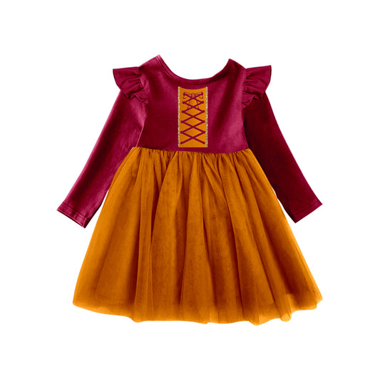 (Custom Design Preorder MOQ 5) Witch's Design Wine Top Girls Knee Length Halloween Tulle Dress