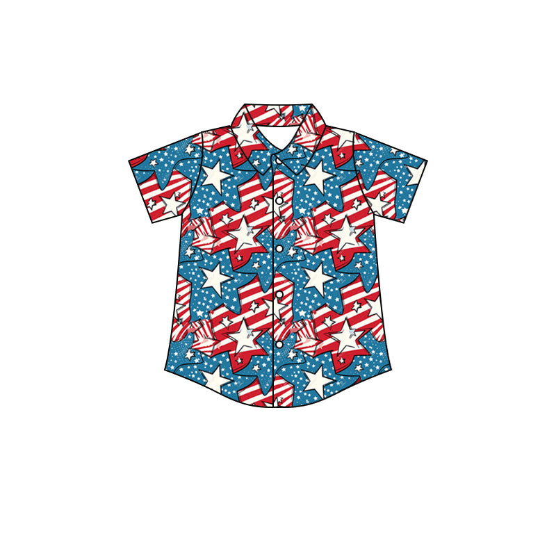 (Custom Design Preorder MOQ 5) Star Flag Print Boys 4th of July Tee Shirts Top