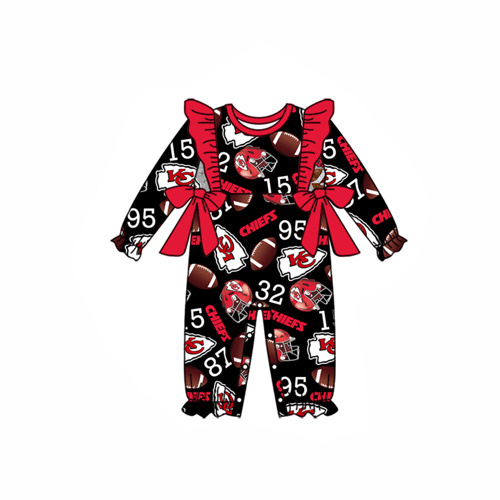 (Custom Design Preorder MOQ 5) Team's KC Black Print Bows Baby Girls Fall Romper