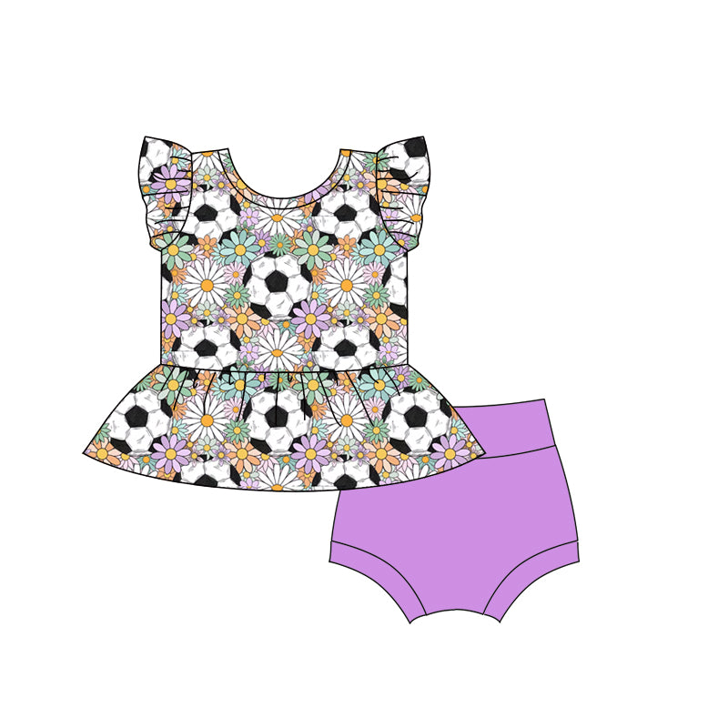 (Custom Design MOQ 5)  Soccer Flowers Print Baby Girls Summer Bummie Sets