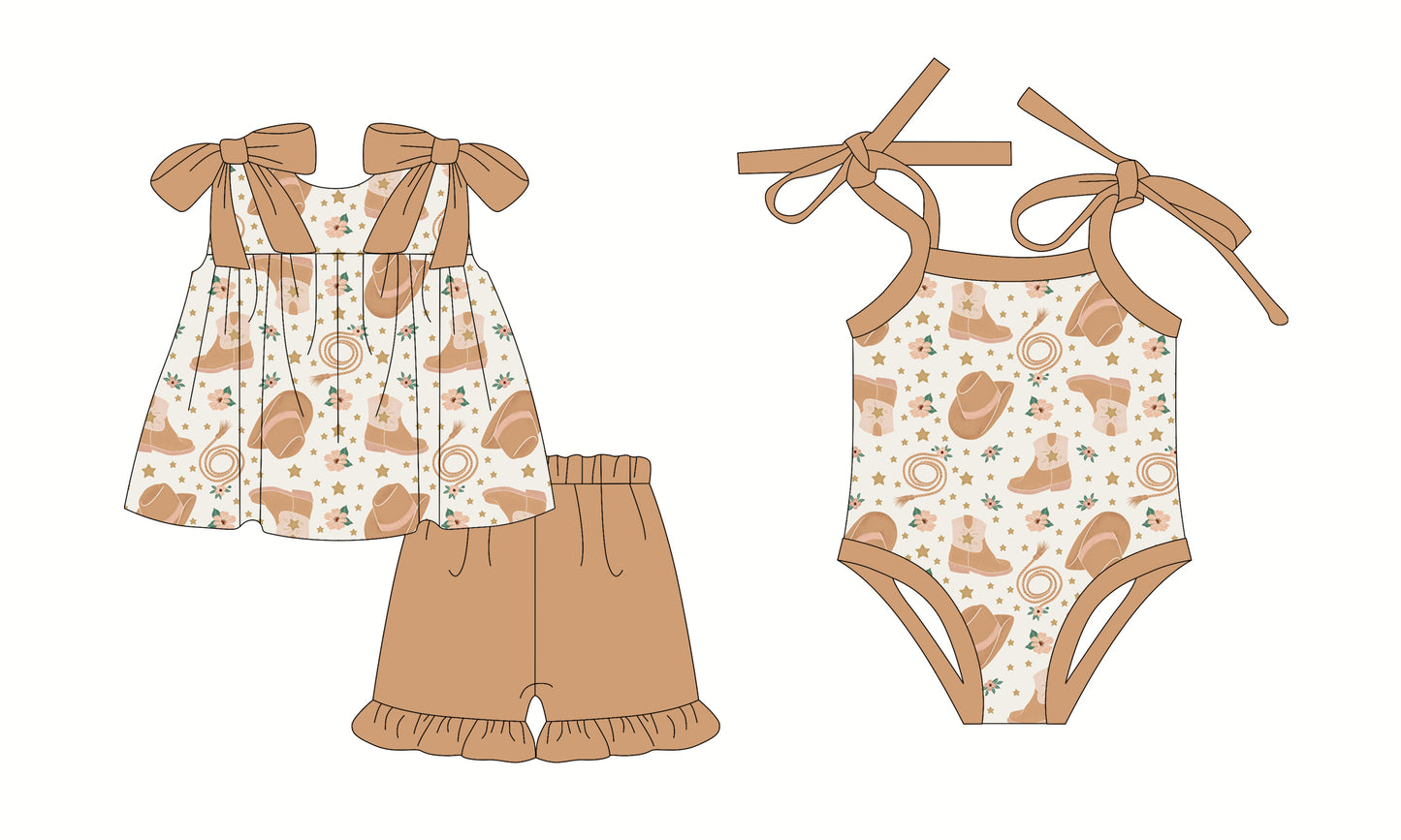 2.24(Custom Design Preorder MOQ 5 Each Design) Brown Hat Flowers Print Girls Summer Matching Clothes Sisters Wear